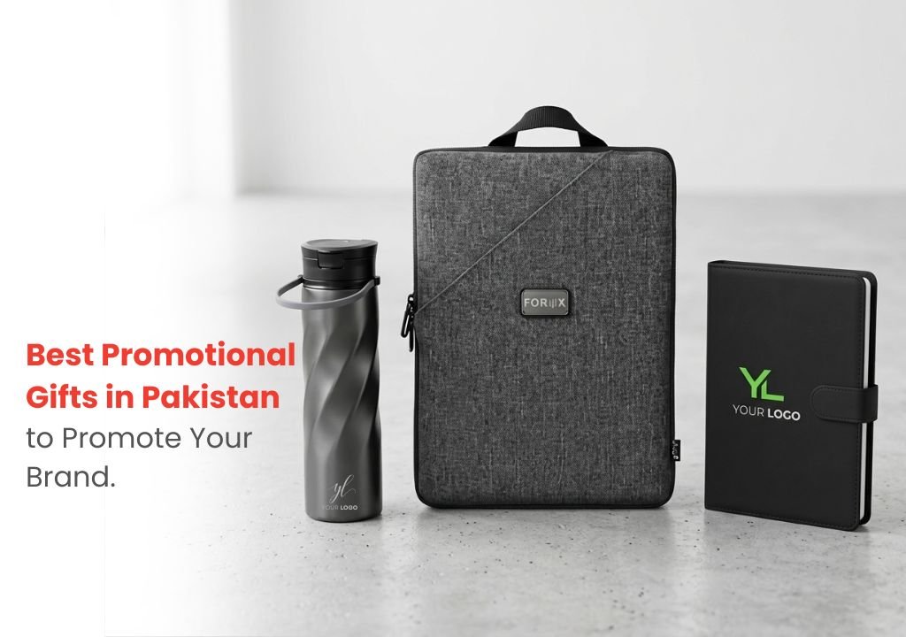 A luxury promotional bottle, a multi-purpose corporate bag with laser engrave branding and a corporate notebook with screen printed branding.